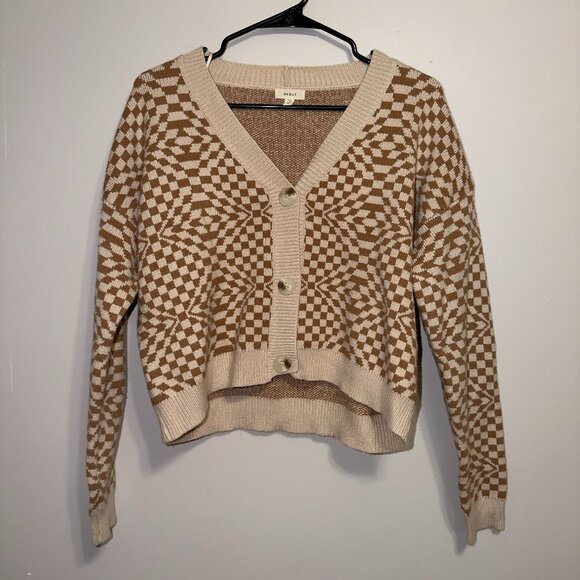 Debut Checkered Cardigan Size M Tan Cream V Neck Button Cozy Knit - Picture 2 of 7